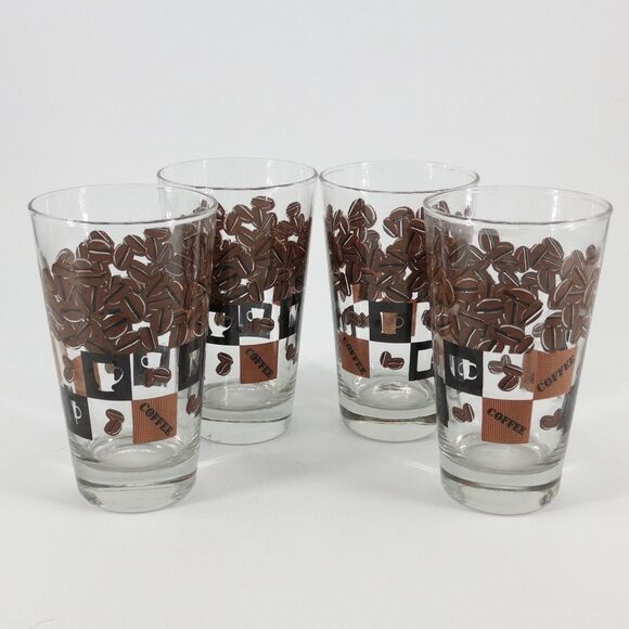 Coffee Theme Beans Cups Drinking Glasses Set of 4 - Picture 2 of 3